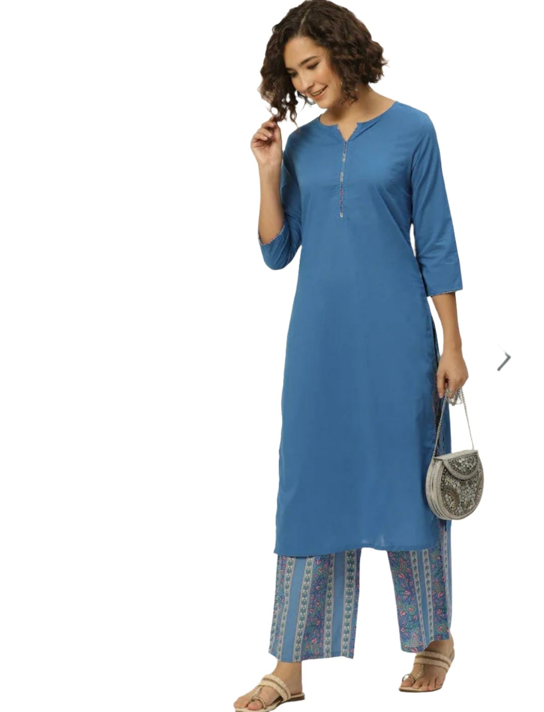 Women Blue & Cream-Coloured Straight Pure Cotton Kurta with Palazzos