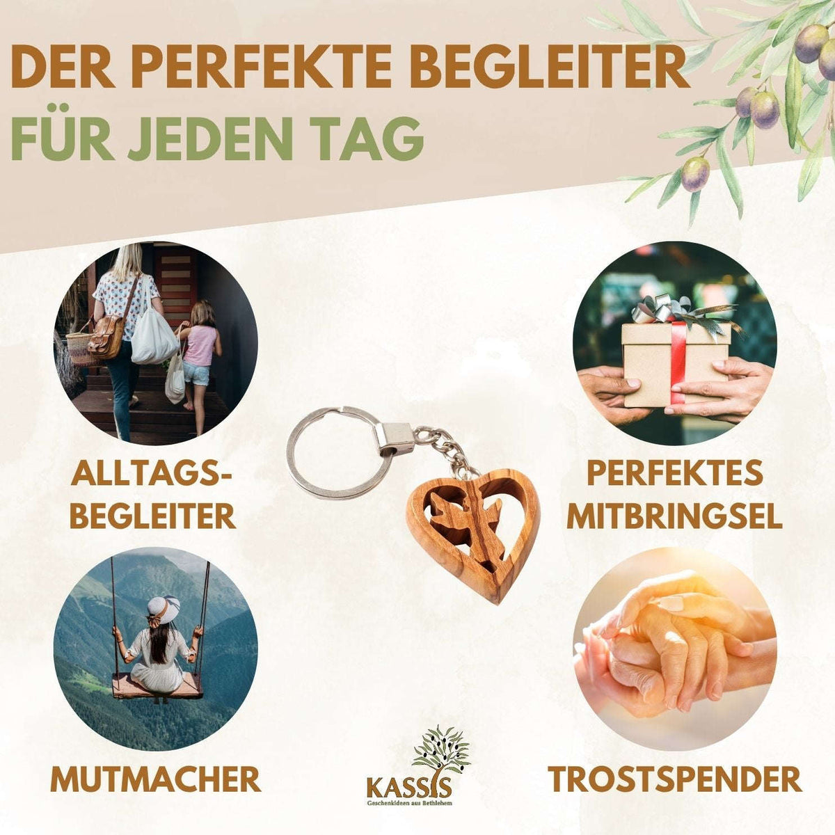 Schlüsselanhänger Schutzengel im Herz aus Olivenholz | Liebevoller Glücksbringer als Geschenk zur Taufe, Kommunion & Geburtstag Namma Markt