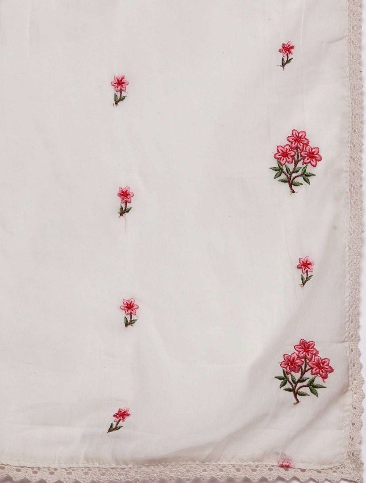Off White & Pink Cotton Floral Thread Work Kurta with Palazzos & Dupatta