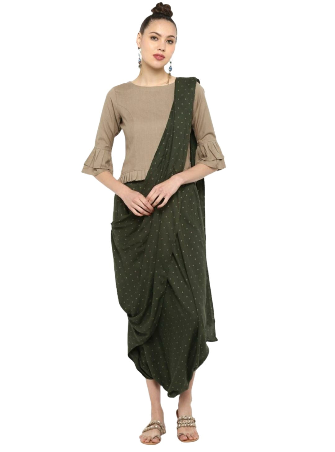 Women Beige Solid Top with Harem Pants & Dupatta