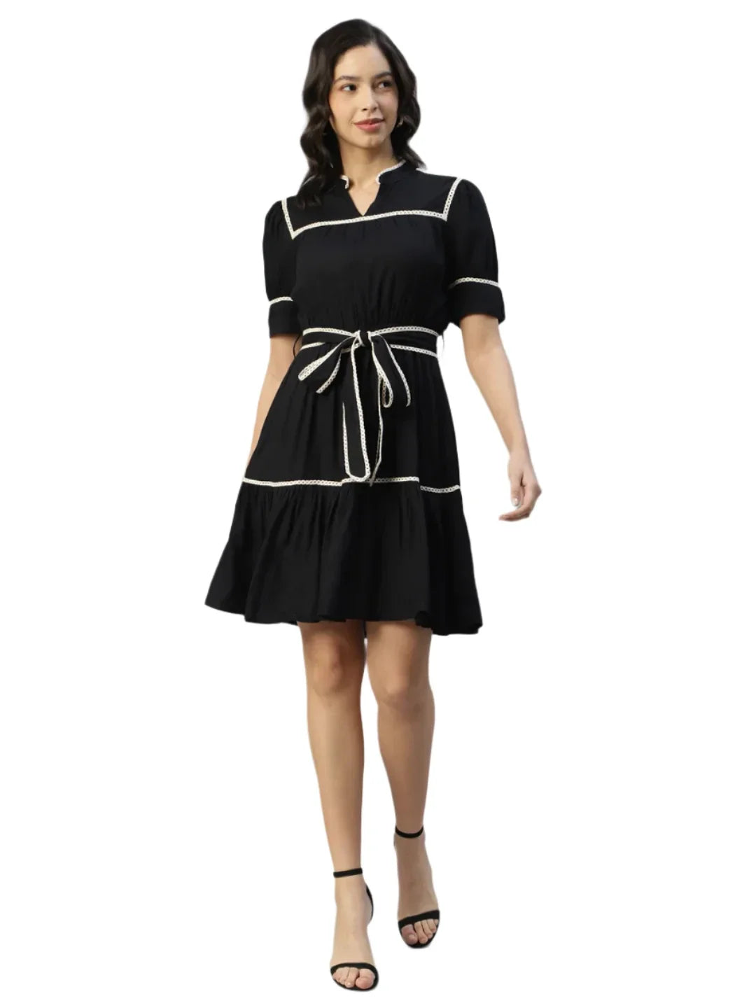 Women's Black Fit & Flare Puff Sleeve Knee Length Dress in Munich