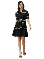 Women's Black Fit & Flare Puff Sleeve Knee Length Dress in Munich