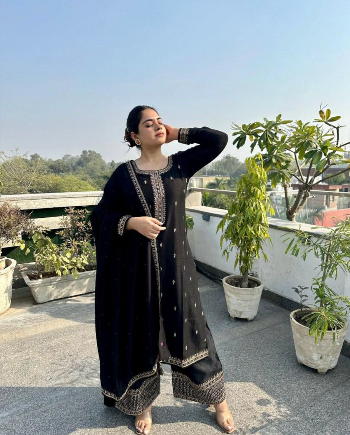 Kurta With Palazzos & Dupatta with Floral Embroidery