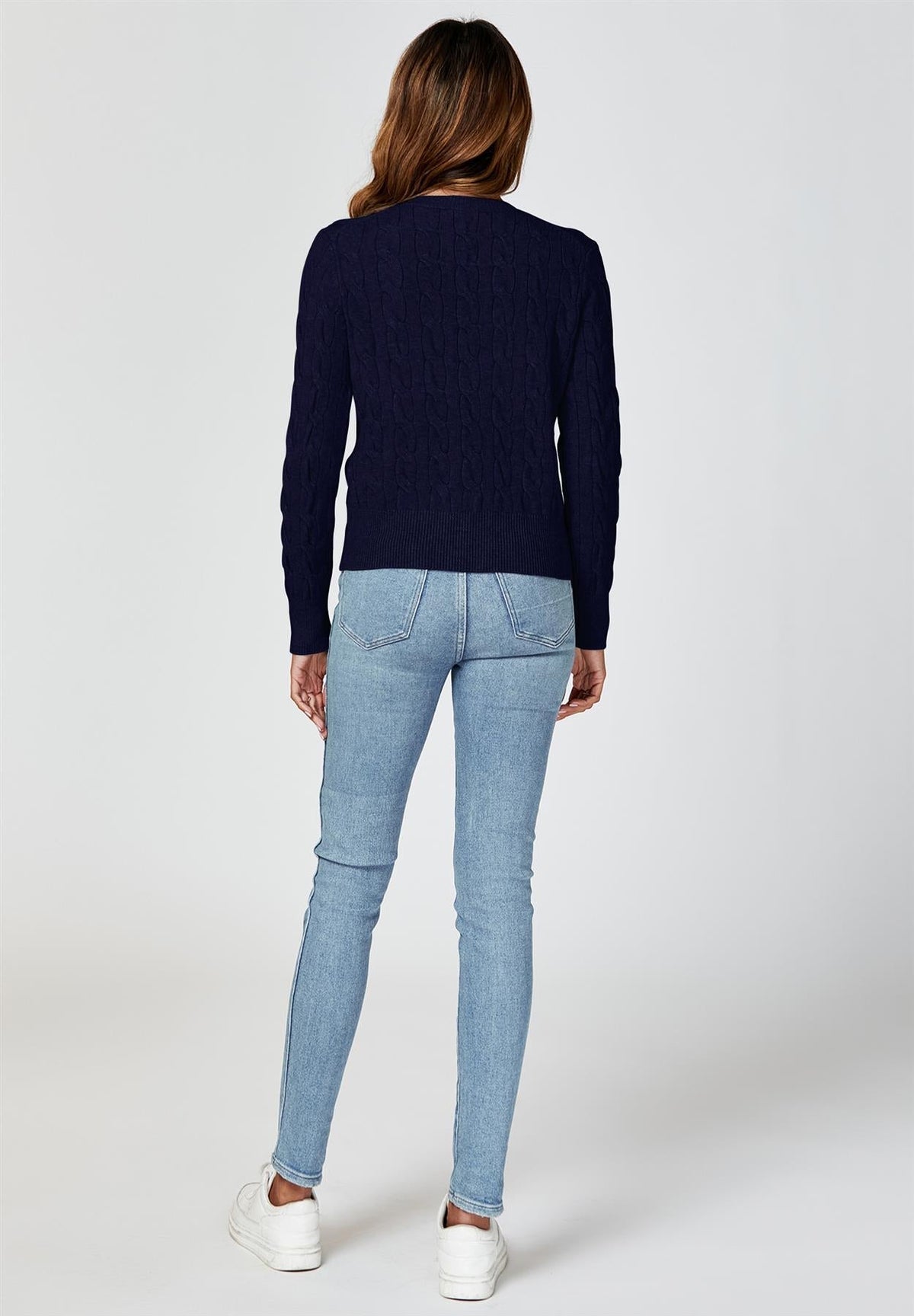 Cable-Knit Crewneck Cardigan In Navy