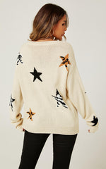 Relaxed Soft V Neck Animal Star Pattern Jumper Top In Beige