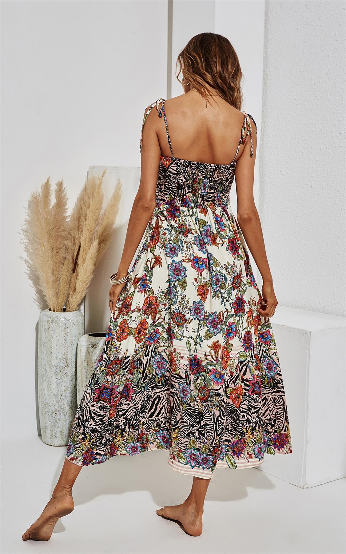Black Zebra & Floral Print Tie On Shoulder Strappy Midi Dress In White