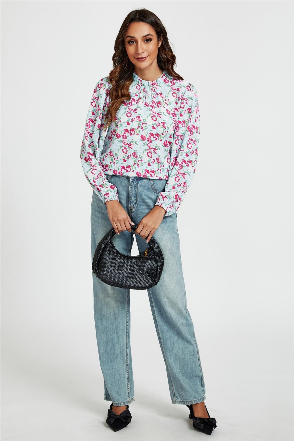 Floral Print Frill Detail High Neck Top In Blue & Pink