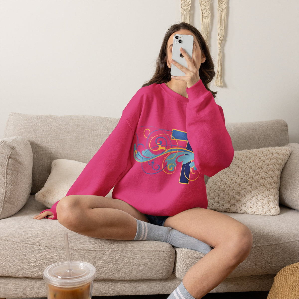 ESTID Unisex Crewneck Pullover | Blaues Kreuz & Wellen-Ornament