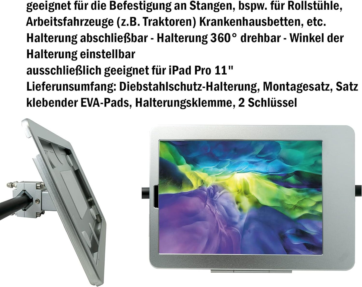Stangen Halterung mit Schloss Befestigung aus Metall in Schwarz für iPad Pro 11" | System-S
