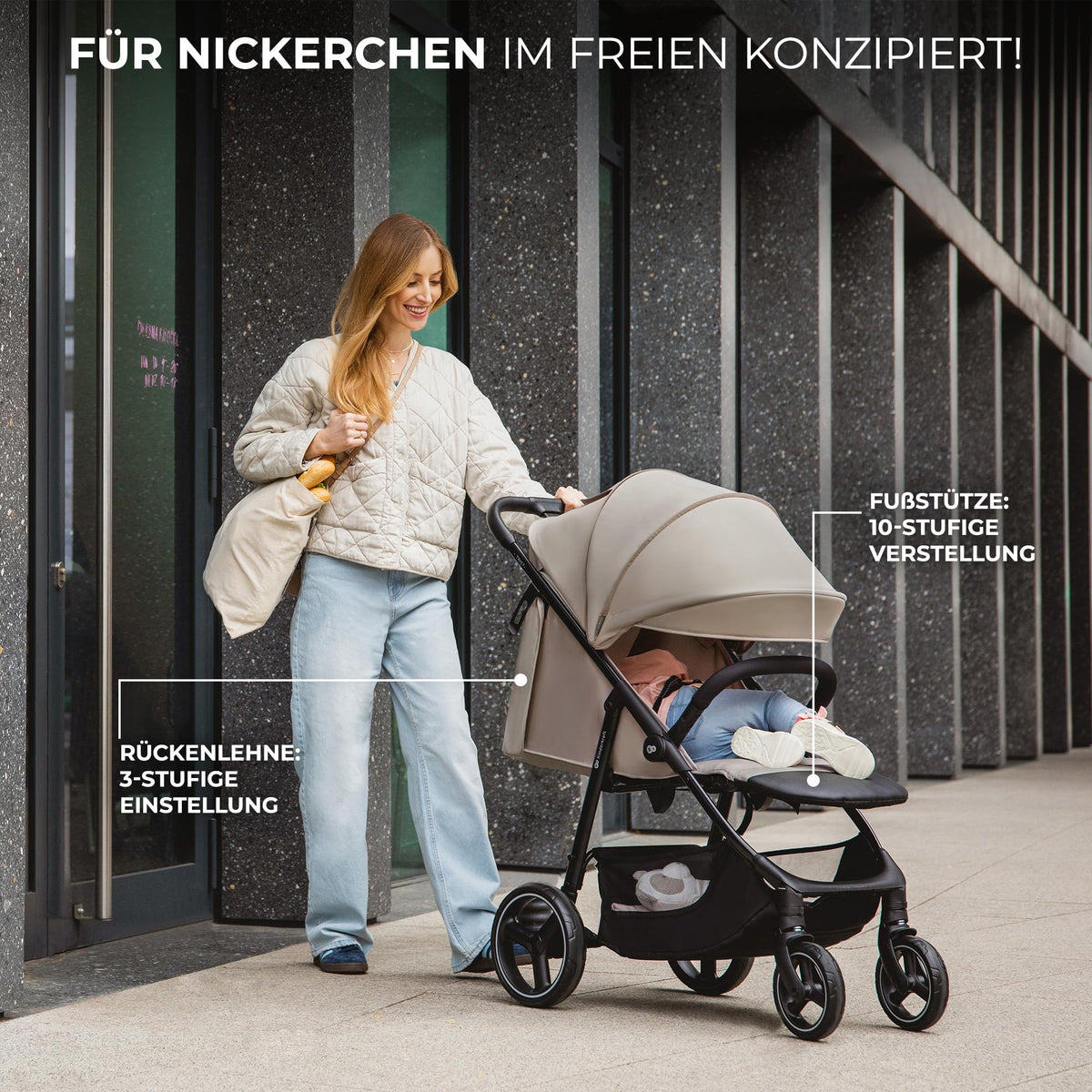 Kinderkraft TRIG 3 Kinderwagen, Kinderbuggy, Liegewagen, Sportwagen, Buggy, Zusammenklappen, Breite und tiefe Sitz, mit Liegeposition, 4 Rad Dämpfung, Große Dach, 5-Punkt-Gurt, bis zu 25 kg, Beige
