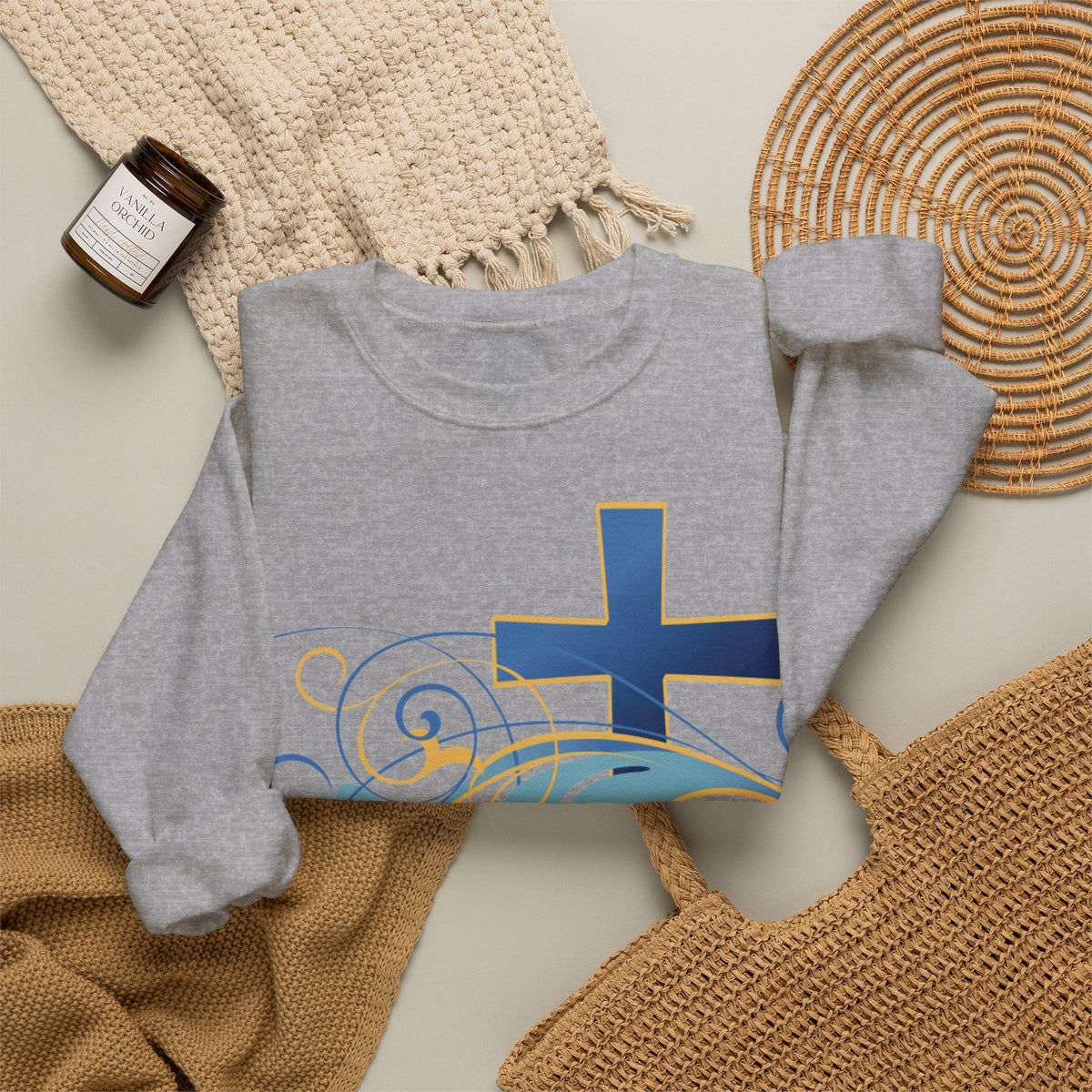 ESTID Unisex Crewneck Pullover | Blaues Kreuz & Wellen-Ornament
