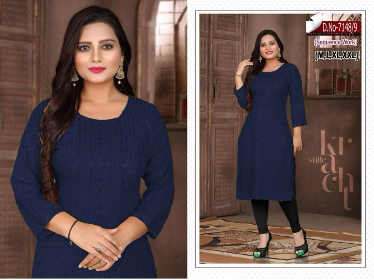 Women Navy Blue Embroidered  with Sequence Chikankari Straight Kurta