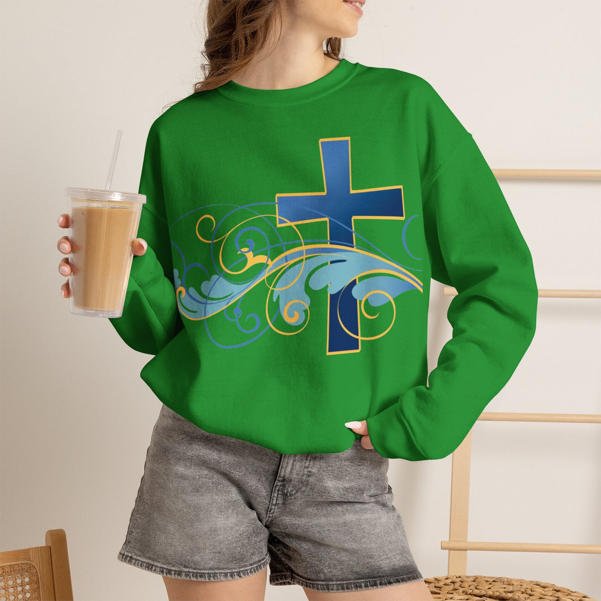 ESTID Unisex Crewneck Pullover | Blaues Kreuz & Wellen-Ornament