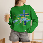 ESTID Unisex Crewneck Pullover | Blaues Kreuz & Wellen-Ornament
