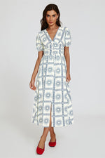 Geo Print Midi V neckline Dress In White