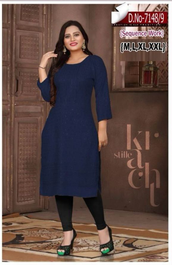 Women Navy Blue Embroidered  with Sequence Chikankari Straight Kurta