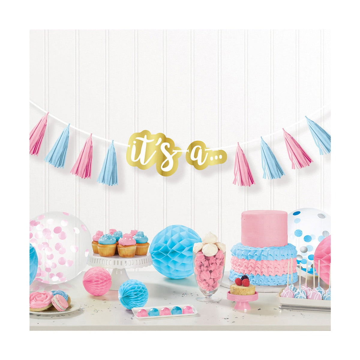The Big Reveal - Quastengirlande | 240 cm, Rosa/Blau