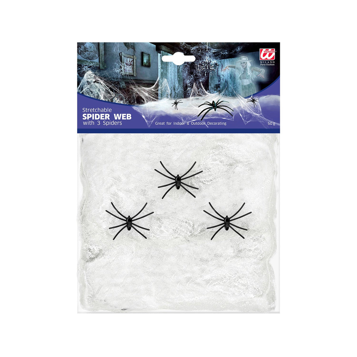 Weißes Spinnennetz 50g mit 3 Spinnen | Halloween Dekoration