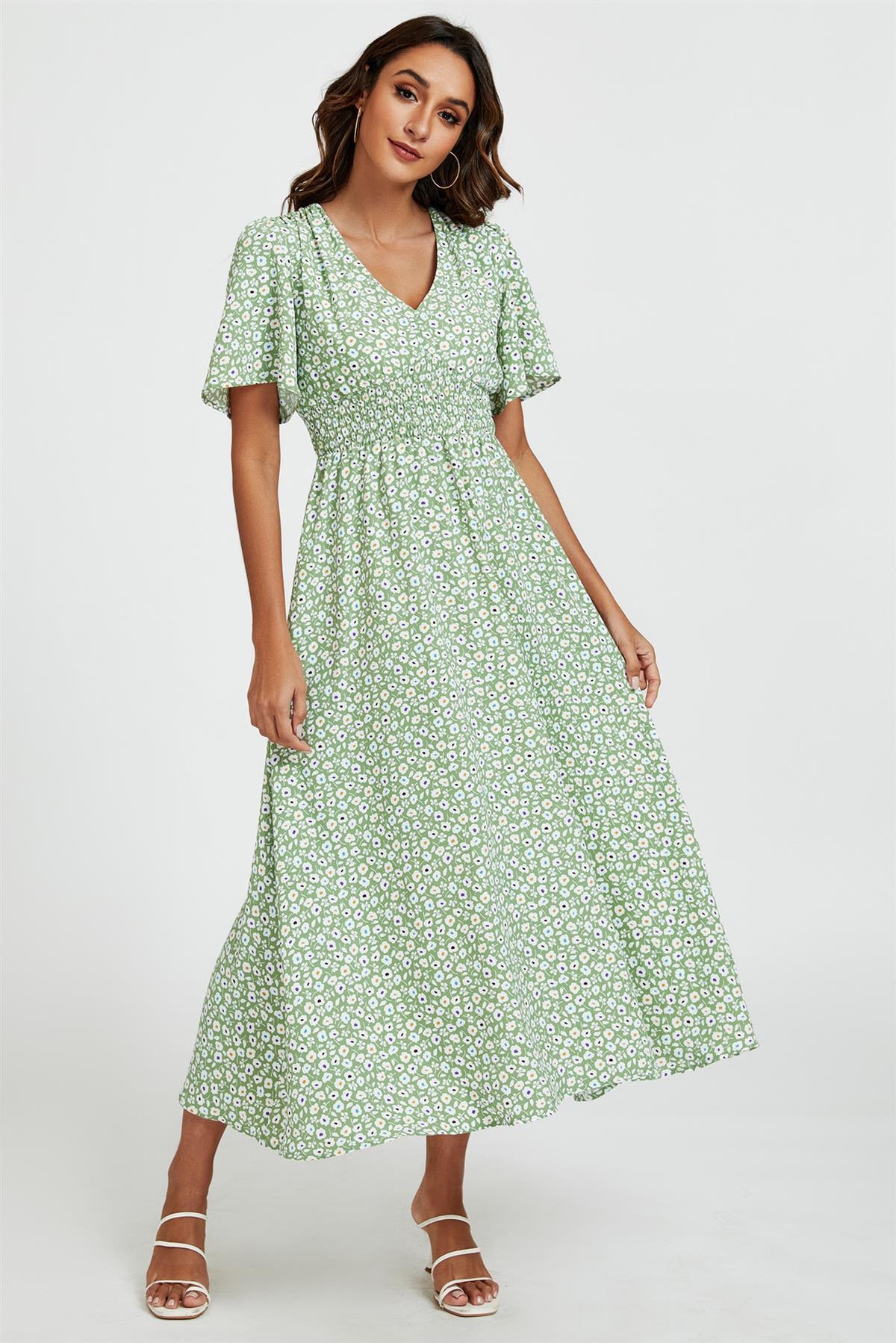 Multi Floral Print V Neck Midi Dress In Green