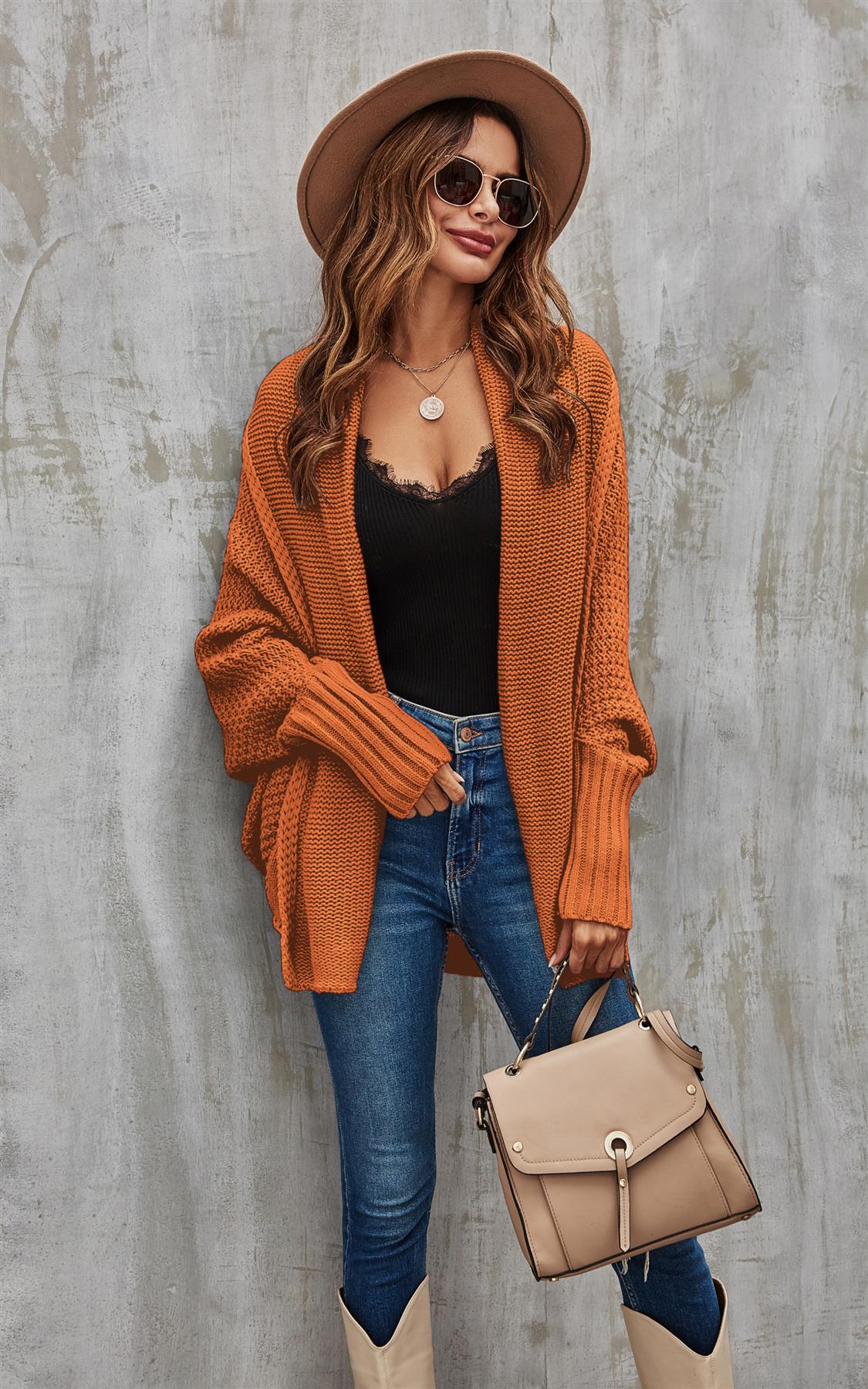 Chunky Pleat Oversized Cardigan In Rusty Orange