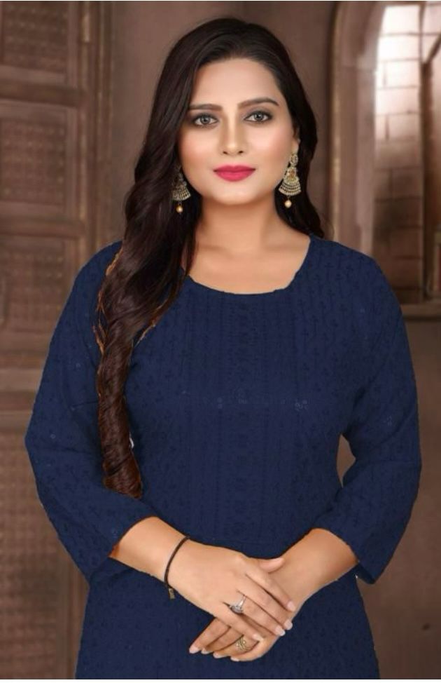 Women Navy Blue Embroidered  with Sequence Chikankari Straight Kurta