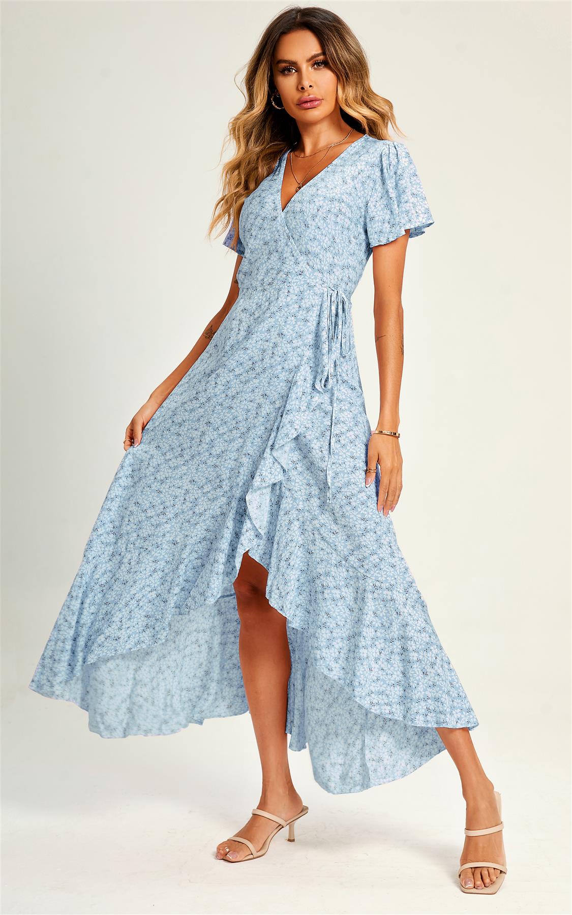 Summer Floral Print Hem Wrap Midi Dress In Blue
