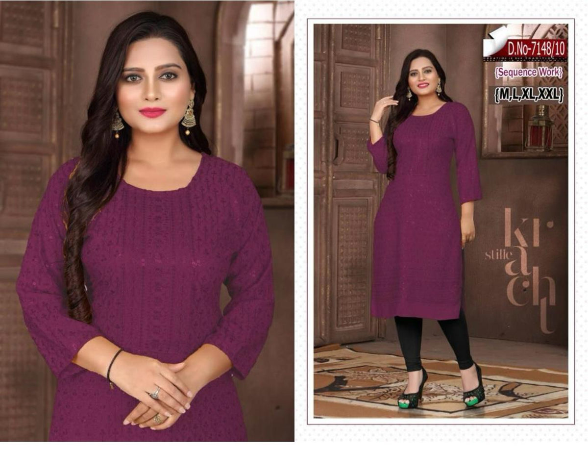 Women Purple Embroidered  with Sequence Chikankari Straight Kurta