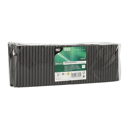 PAPSTAR Cocktail Trinkhalme aus Papier, 7 mm, 10 cm, schwarz | Folie (500 Stück)