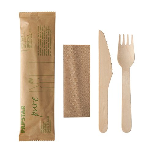 PAPSTAR 50 Bestecksets, Holz "pure" mit Serviette in Papierbeutel