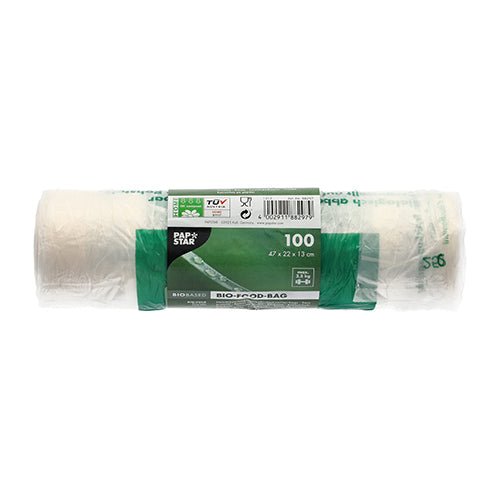 PAPSTAR 100 Hemdchen-Tragetaschen, Bio-Folie transparent Knotenbeutel auf Rolle