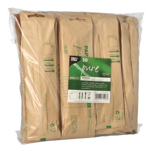 PAPSTAR 50 Bestecksets, Holz "pure" mit Serviette in Papierbeutel
