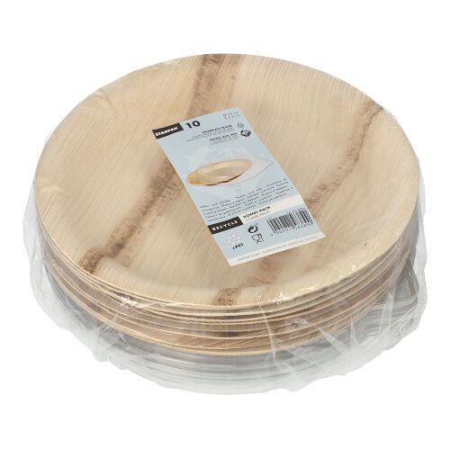 Starpak 10 Teller, Palmblatt rund 500 ml Ø 23 cm · 5,3 cm mit rPET Deckel "Kombipack" | Schrumpffolie (10 Stück)