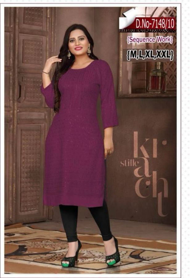 Women Purple Embroidered  with Sequence Chikankari Straight Kurta