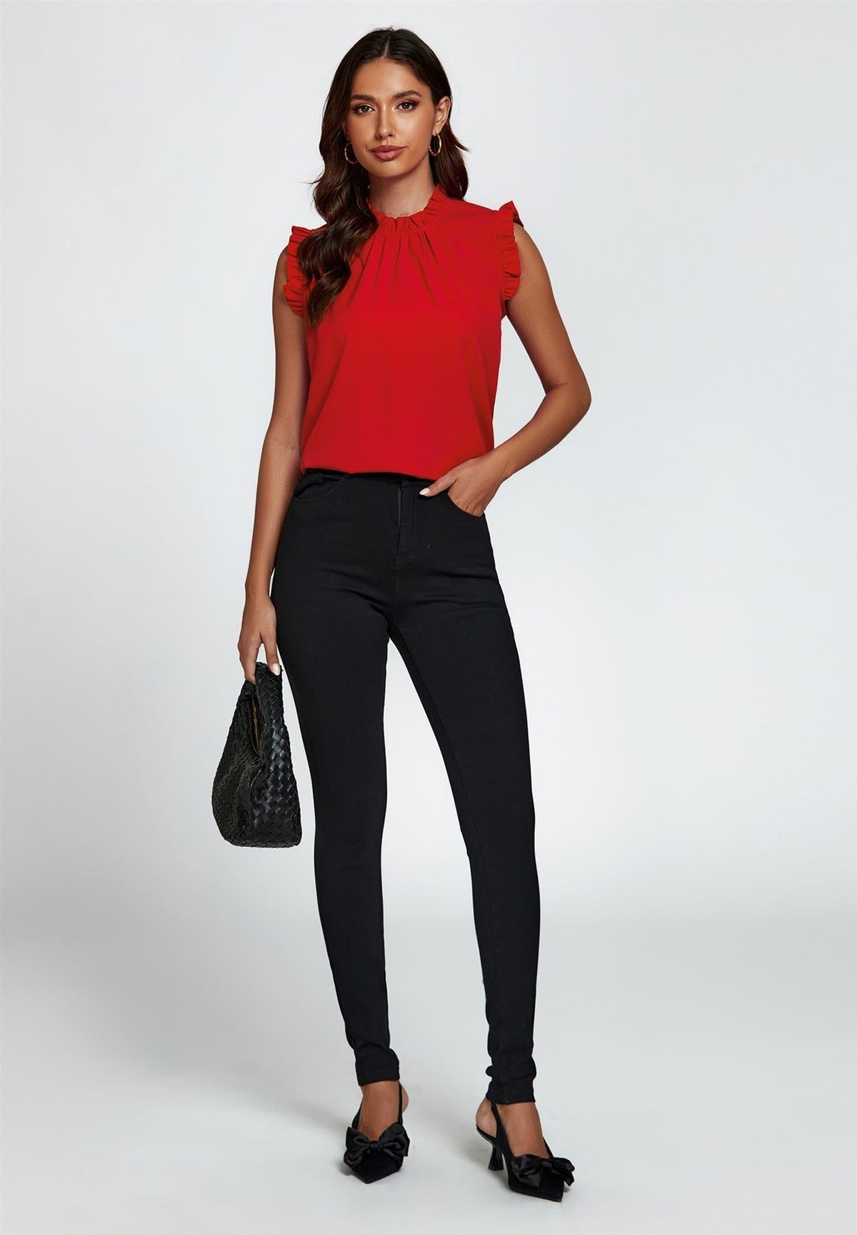 Frill Trim Sleeve Frill Neck Blouse Top In Red