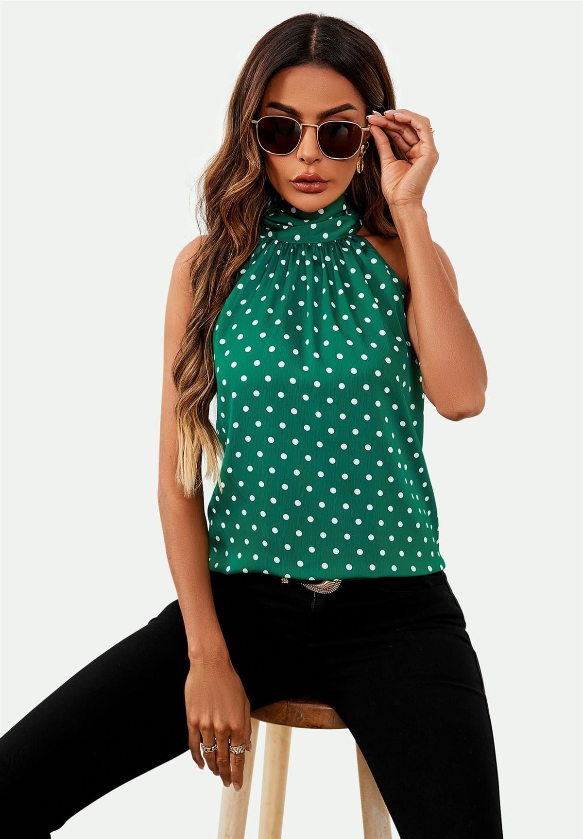 Polka Dot Print Halter Neck Tie Back Top In Green
