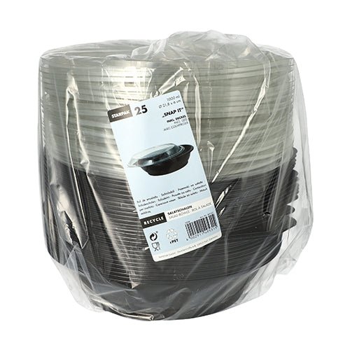 Starpak 25 Salatschalen, PET 1000 ml Ø 21,8 cm · 6 cm schwarz "Snap It" mit Deckel R-PET glasklar | Folie (25 Stück)