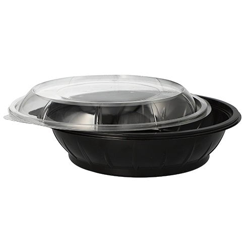 Starpak 25 Salatschalen, PET 1000 ml Ø 21,8 cm · 6 cm schwarz "Snap It" mit Deckel R-PET glasklar | Folie (25 Stück)