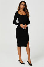 Long sleeved Knit Midi Dress In Black
