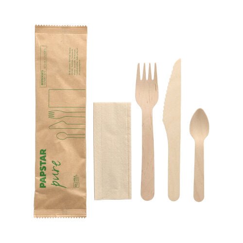 PAPSTAR 50 Bestecksets, Holz "pure" mit Serviette in Papierbeutel