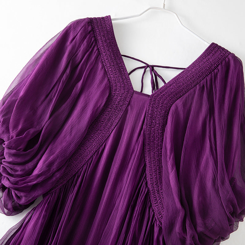 Damen Seidenkleid mit Puffärmeln | Luftsüßes Boho Maxikleid