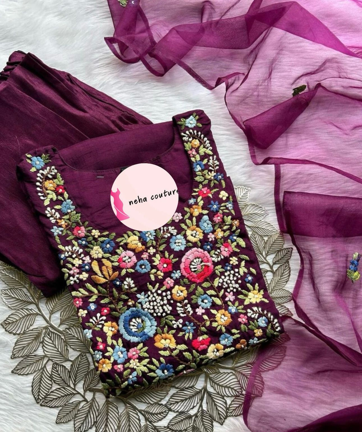 Muslin silk fully worked kurta set