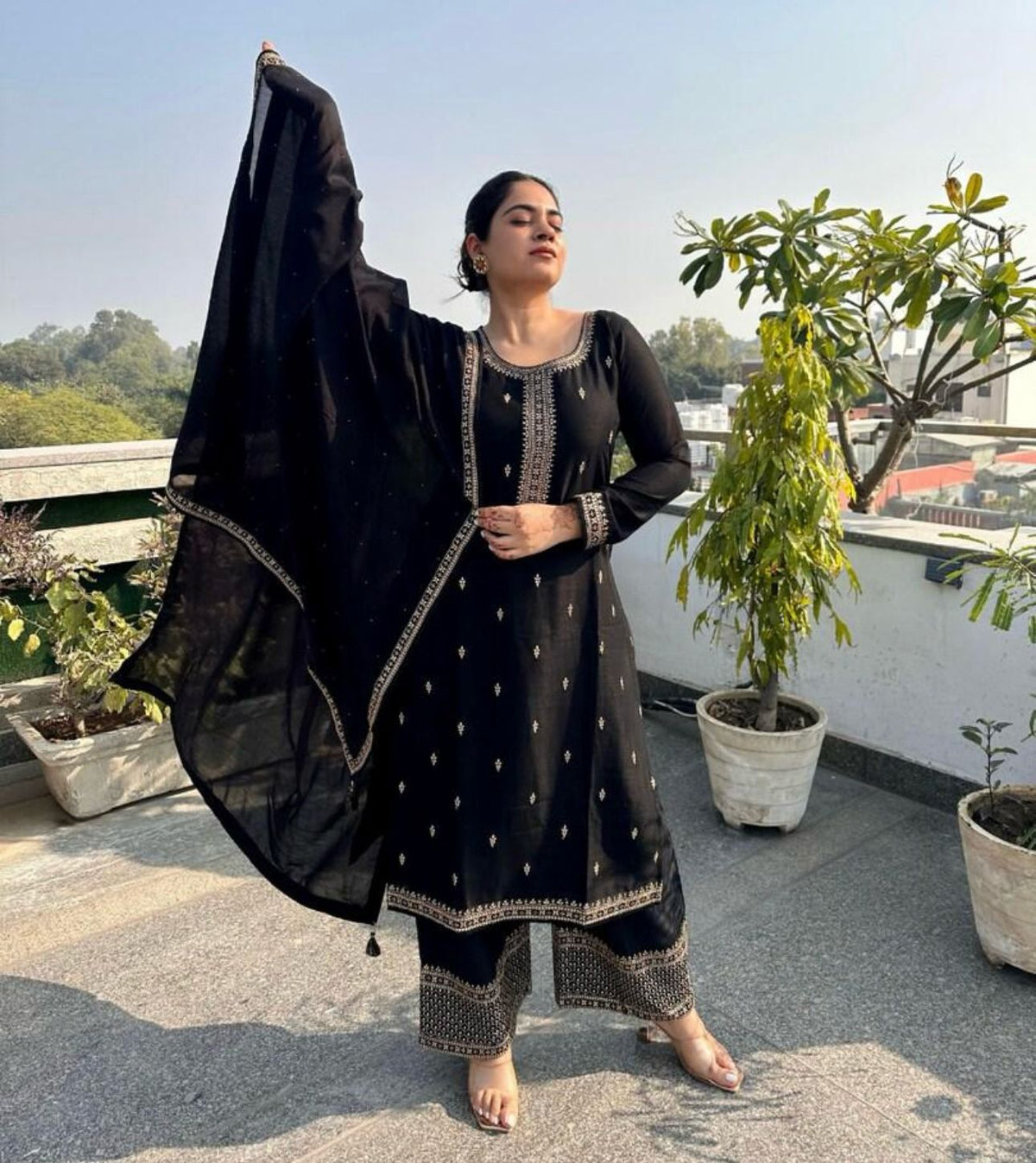 Kurta With Palazzos & Dupatta with Floral Embroidery