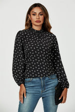 Bow Print Frill Detail High Neck Top In Black