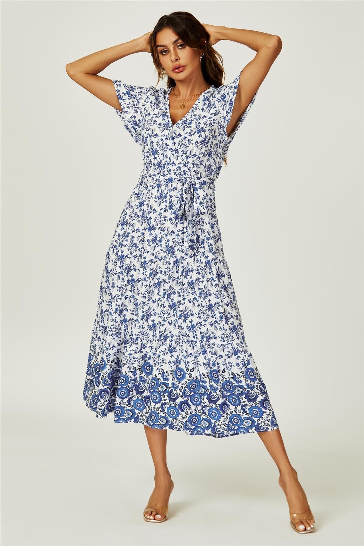 Floral Border Print Hem Tiered Midi Dress In White