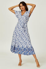 Floral Border Print Hem Tiered Midi Dress In White