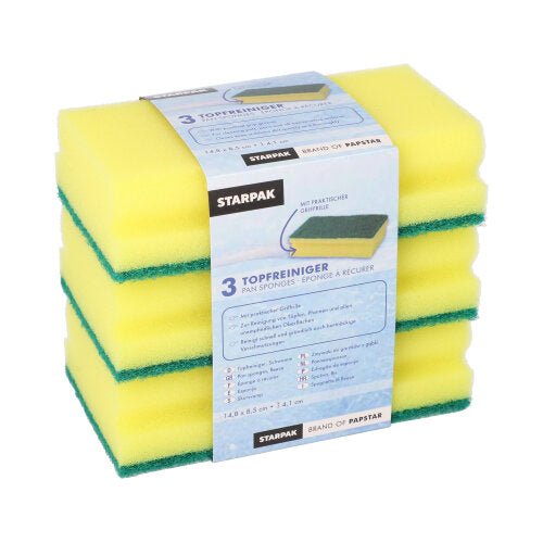 Starpak 3 Topfreiniger, Schwamm Jumbo eckig 4,1 cm x 14,8 cm x 8,5 cm gelb/grün mit Griffrille, kratzend | Banderole (3 Stück)