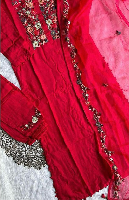 Handcrafted Dola Silk Kurta Dupatta Bottom Set