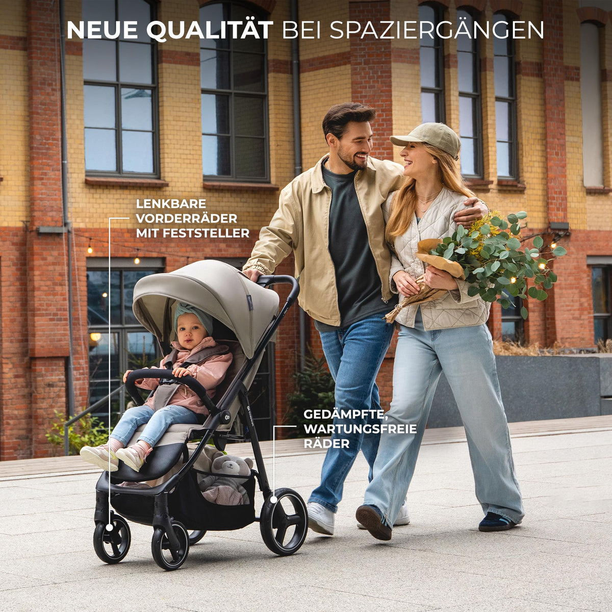Kinderkraft TRIG 3 Kinderwagen, Kinderbuggy, Liegewagen, Sportwagen, Buggy, Zusammenklappen, Breite und tiefe Sitz, mit Liegeposition, 4 Rad Dämpfung, Große Dach, 5-Punkt-Gurt, bis zu 25 kg, Beige