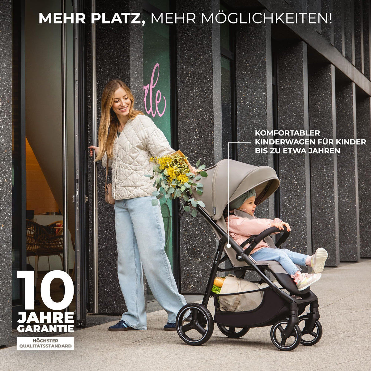 Kinderkraft TRIG 3 Kinderwagen, Kinderbuggy, Liegewagen, Sportwagen, Buggy, Zusammenklappen, Breite und tiefe Sitz, mit Liegeposition, 4 Rad Dämpfung, Große Dach, 5-Punkt-Gurt, bis zu 25 kg, Beige
