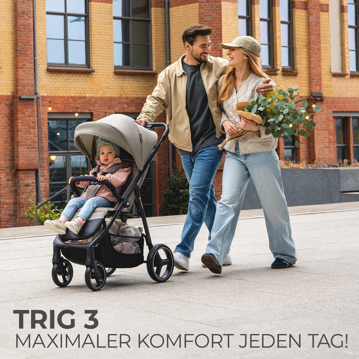 Kinderkraft TRIG 3 Kinderwagen, Kinderbuggy, Liegewagen, Sportwagen, Buggy, Zusammenklappen, Breite und tiefe Sitz, mit Liegeposition, 4 Rad Dämpfung, Große Dach, 5-Punkt-Gurt, bis zu 25 kg, Beige